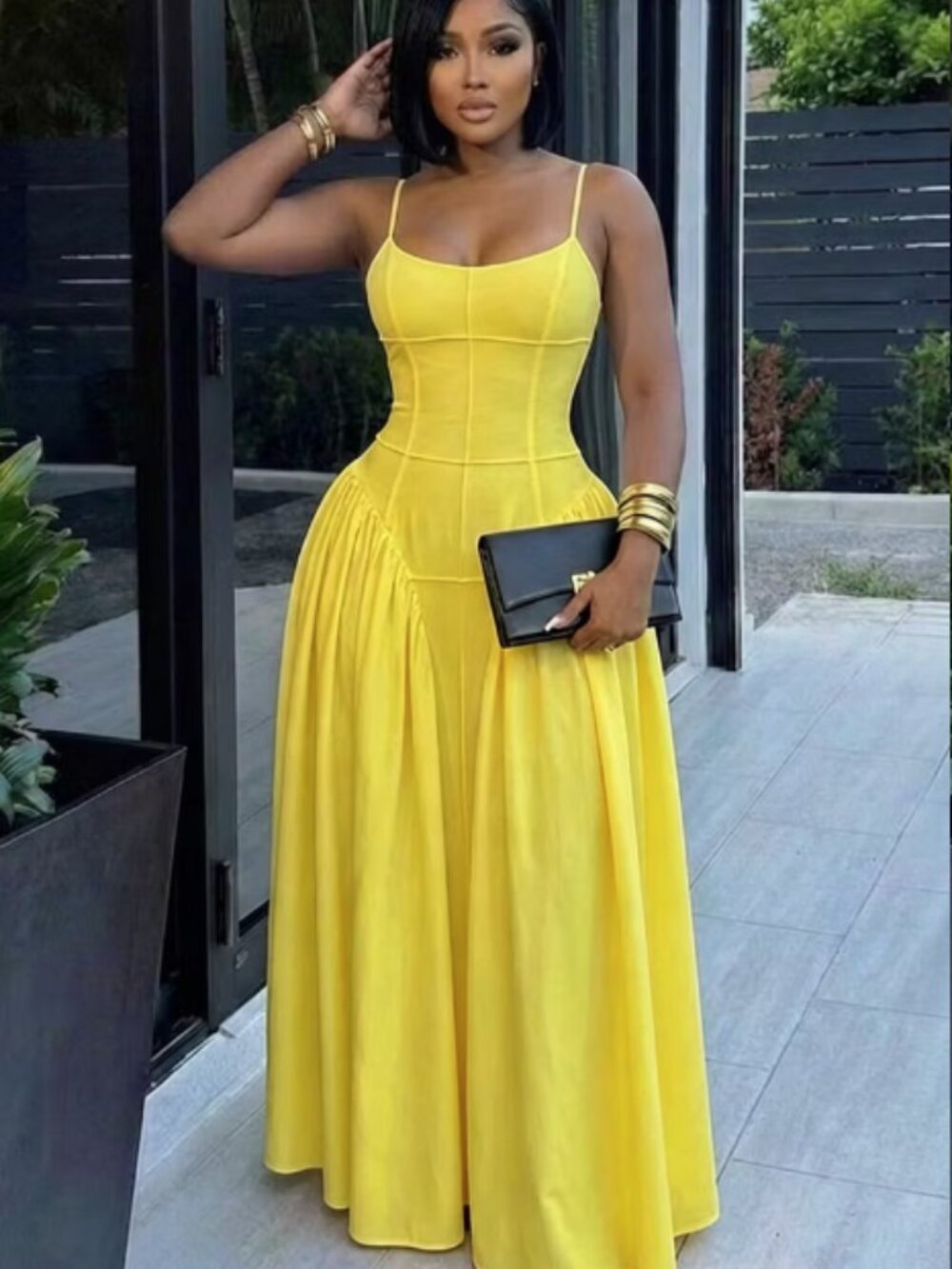 Yellow Spaghetti Strap Cinch Waist Maxi Dresses